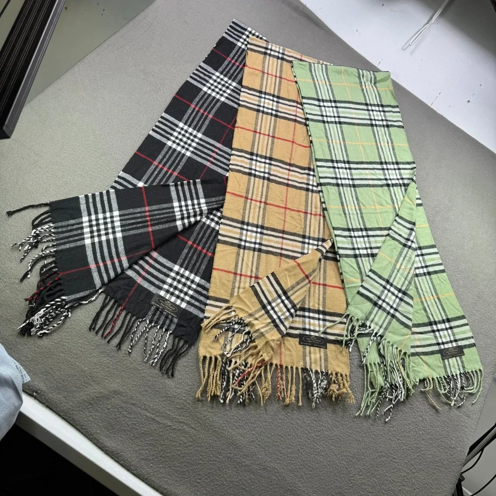 HGB Cashmere Scarves Unisex OS Lot Of 3 Plaid Made‎ Germany Fringe Neckwear Soft